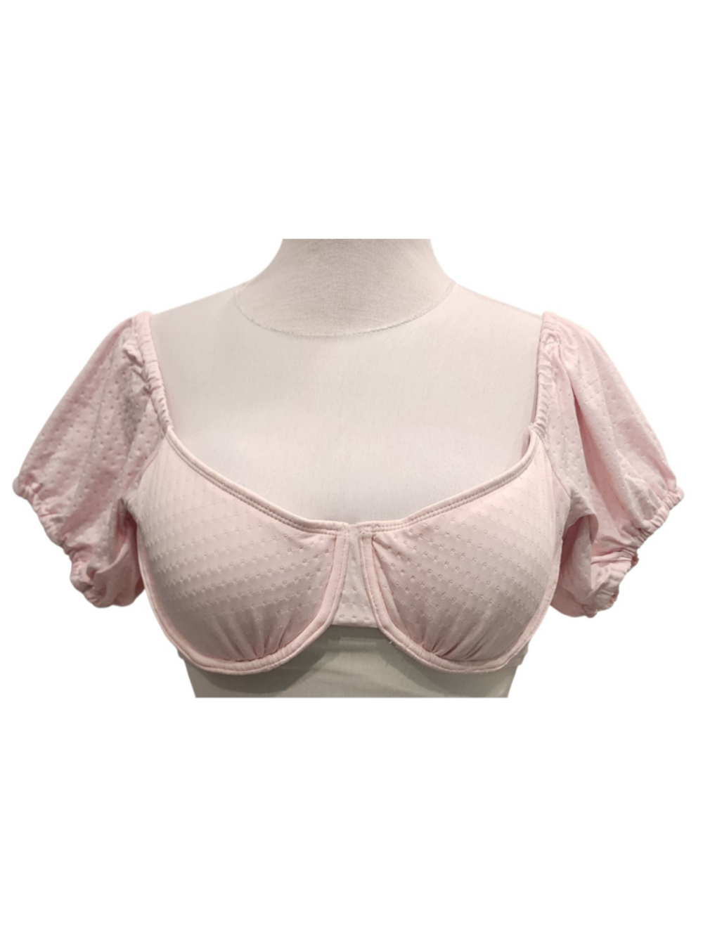 Xhiliration Pink Puff Sleeve Bikini Top Square Neck Padded Swim Top XL Swiss Dot